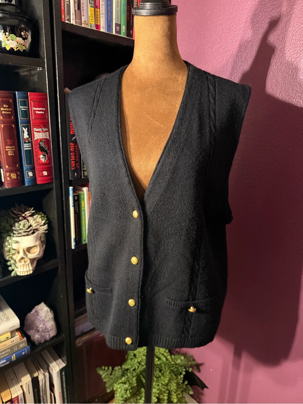Classic Black Knit Button-Up Vest Sweater-Sag Harbor